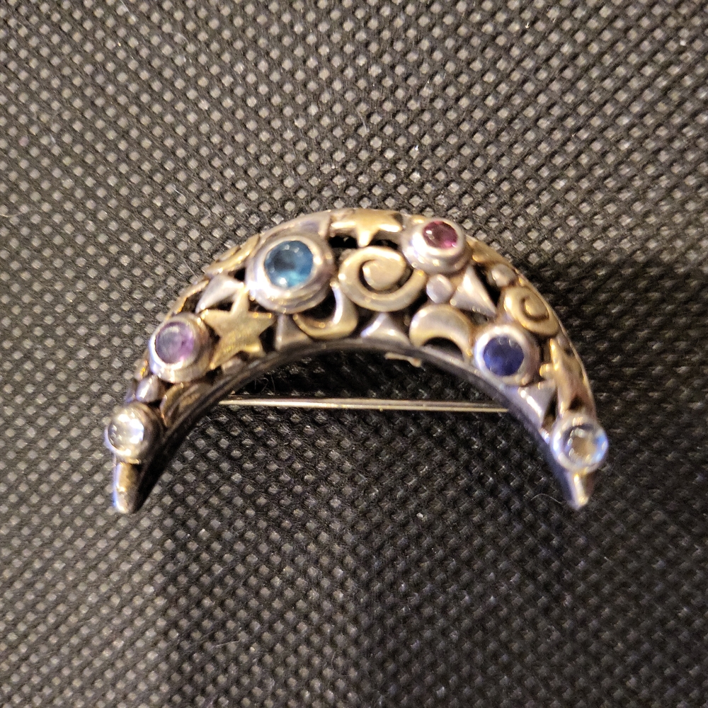 Crescent Moon & Stars Birthstone Sterling Silver Brooch